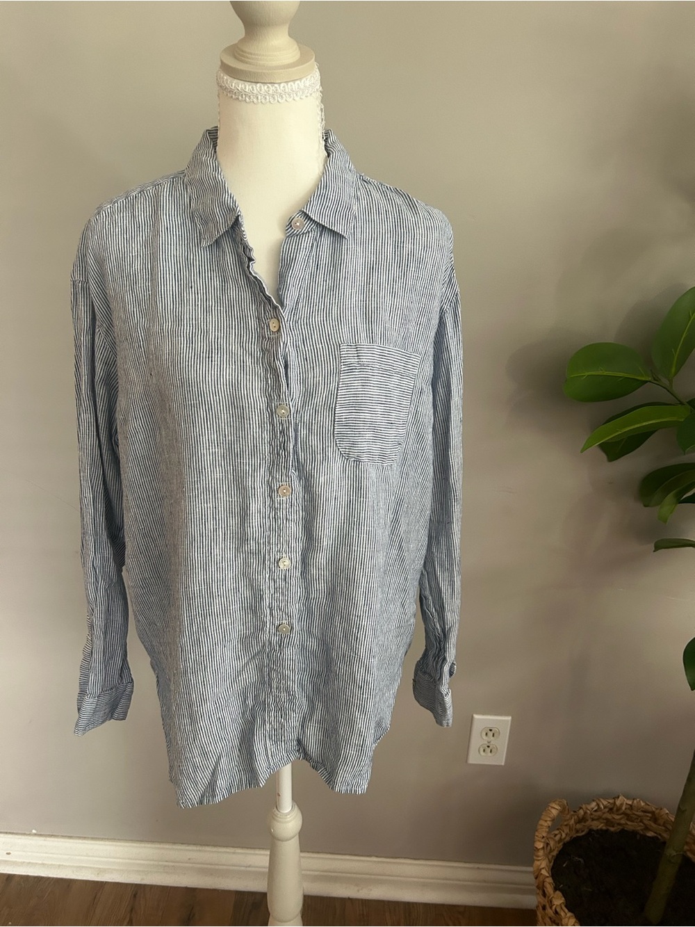 J. Jill Love Linen Blue Stripe Button Down Shirt